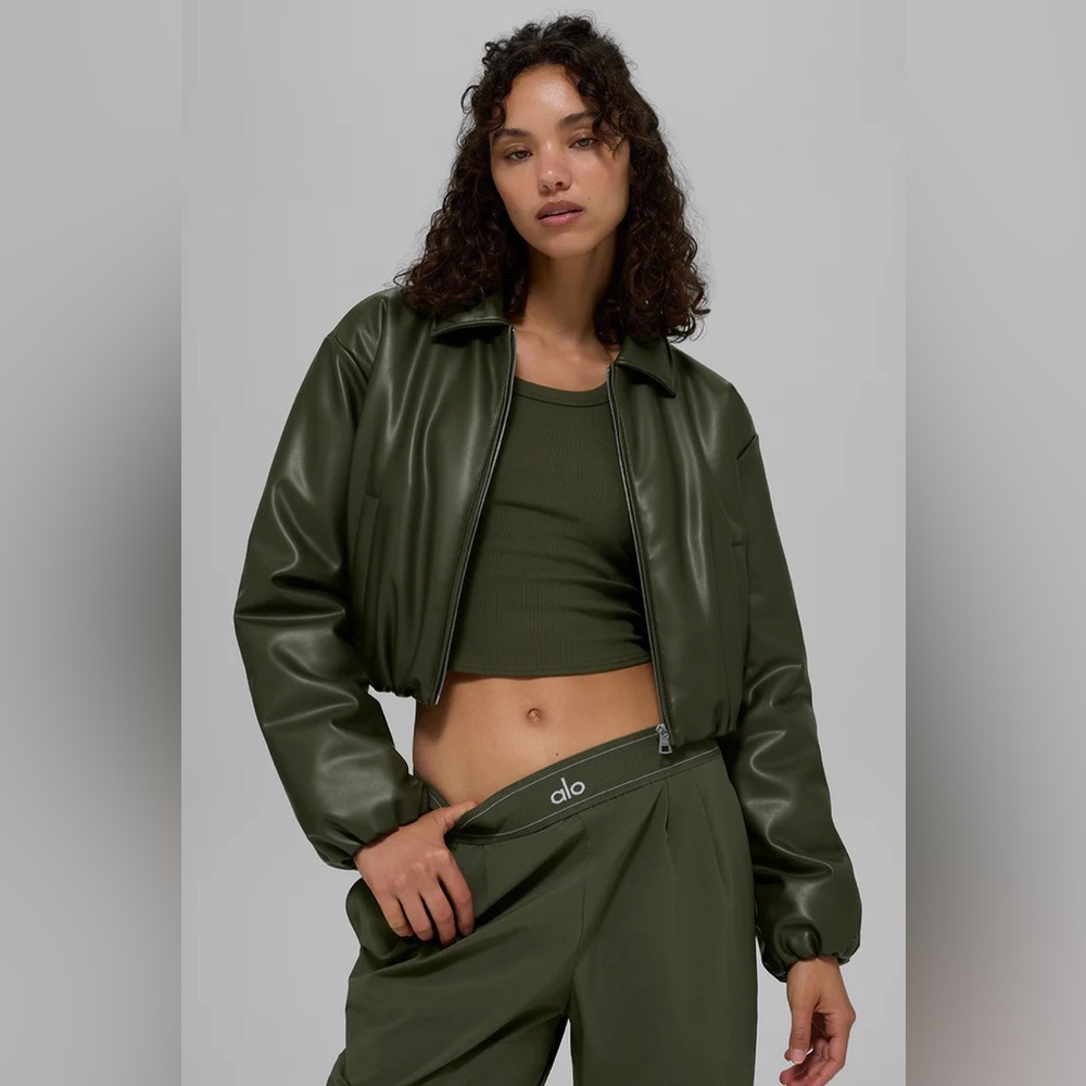 ALO Yoga Faux Leather Cropped Premier Bomber size small green olive